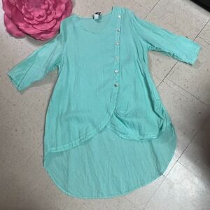 MATCH POINT USA Womens Sz L Aqua 100% Linen Lightweight Hi-Low Tunic Top Buttons